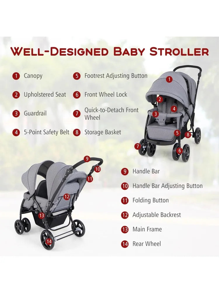 Double Stroller, Foldable Lightweight Infant Twin