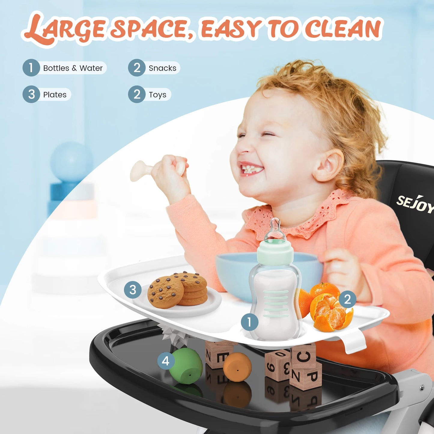 Adjustable Baby High Chair with 3-Tier Tray