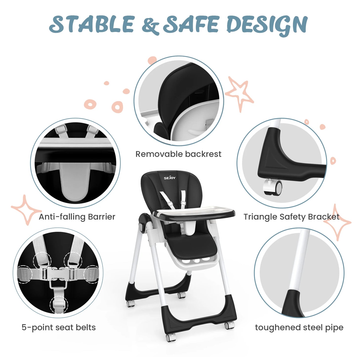 Adjustable Baby High Chair with 3-Tier Tray
