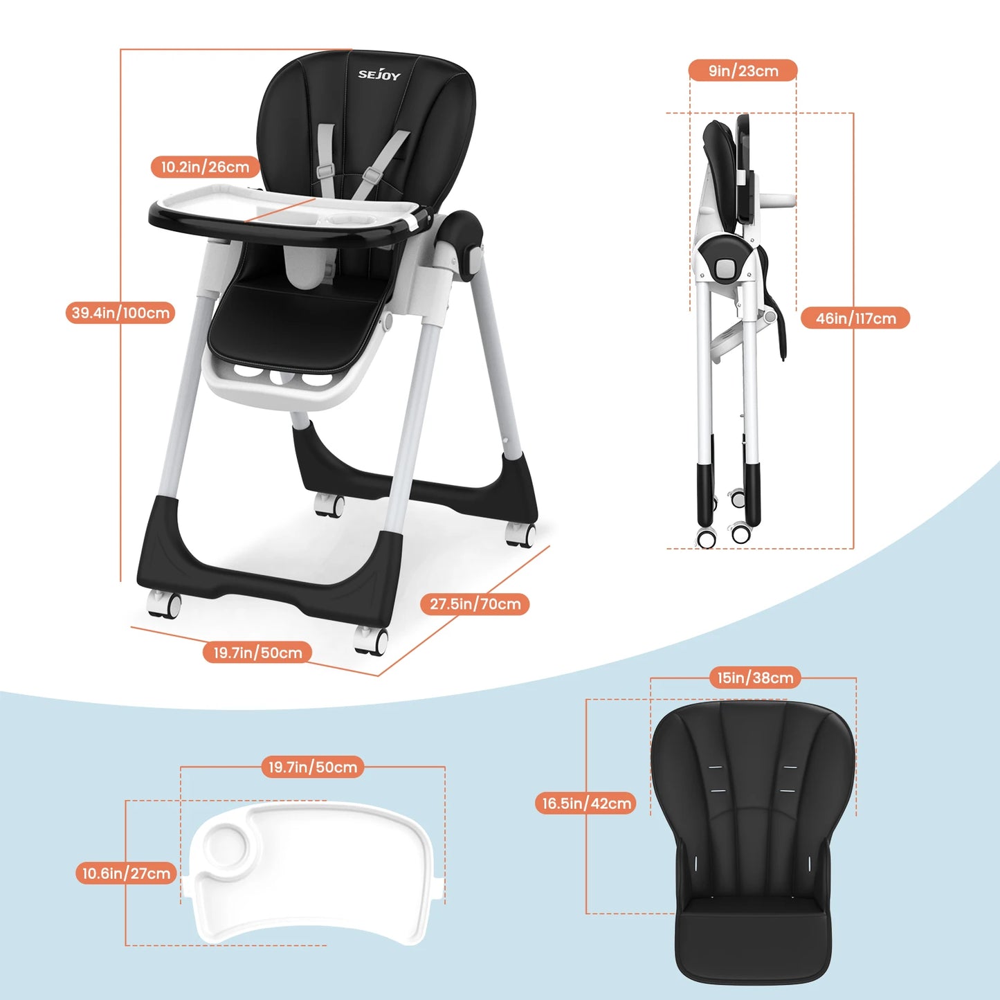 Adjustable Baby High Chair with 3-Tier Tray