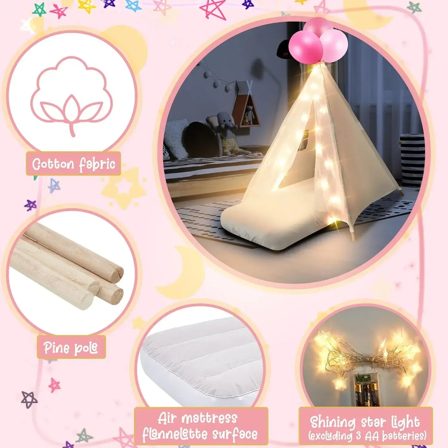 6-Pack Teepee Tent with Mattress Sheet Light
