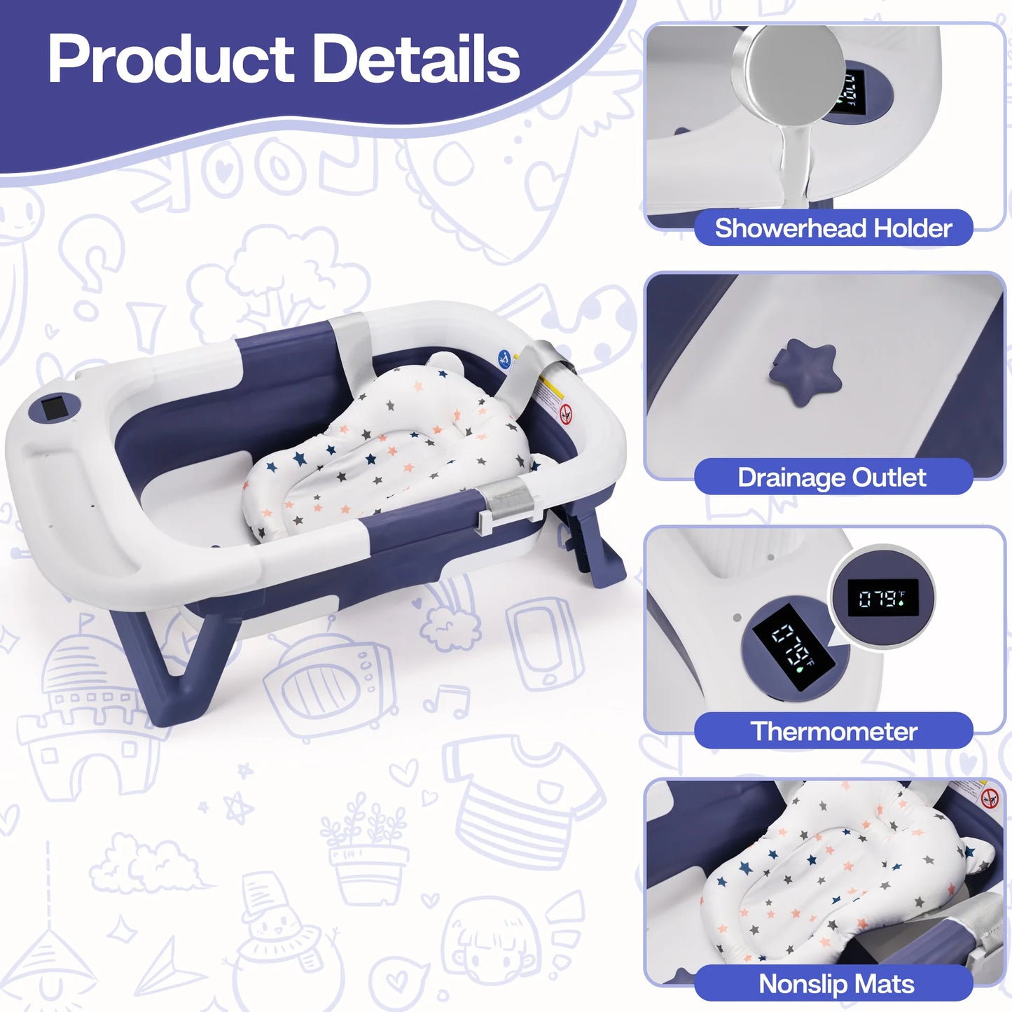 Baby Bathtub with Soft Cushion & Thermometer