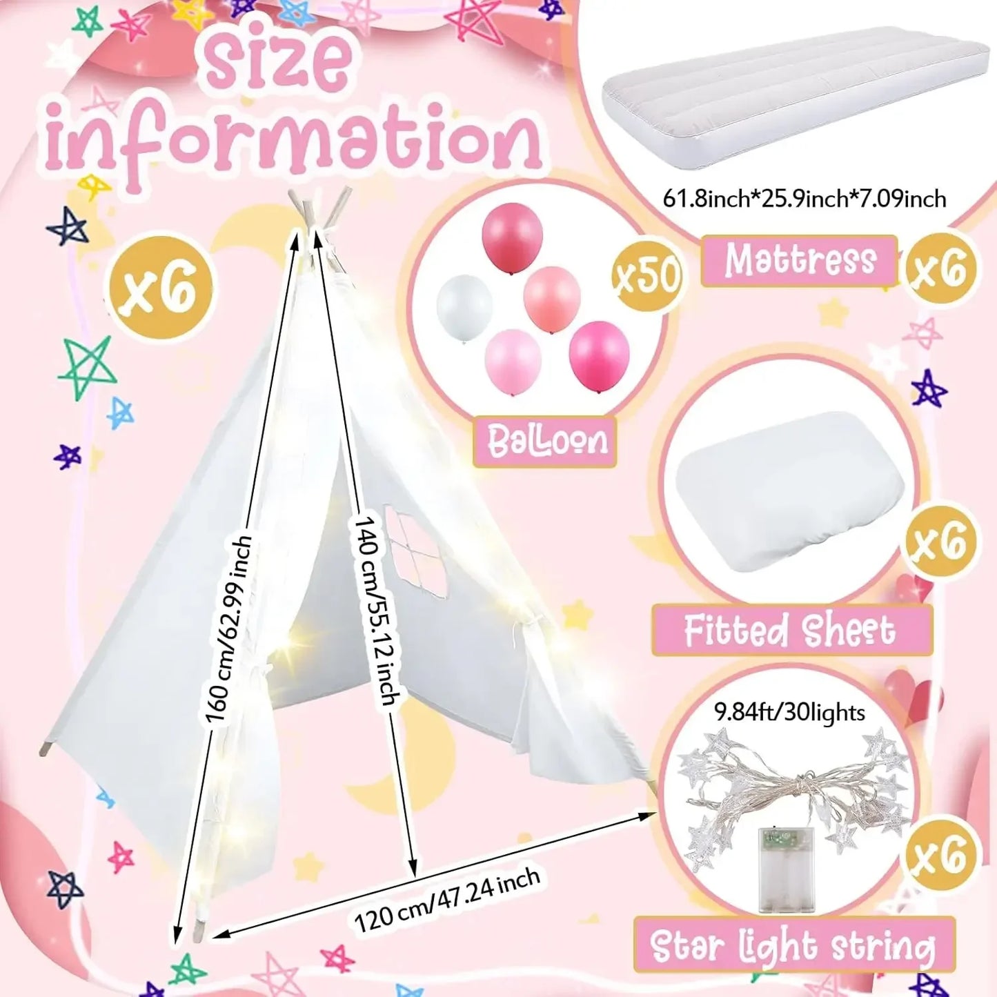 6-Pack Teepee Tent with Mattress Sheet Light