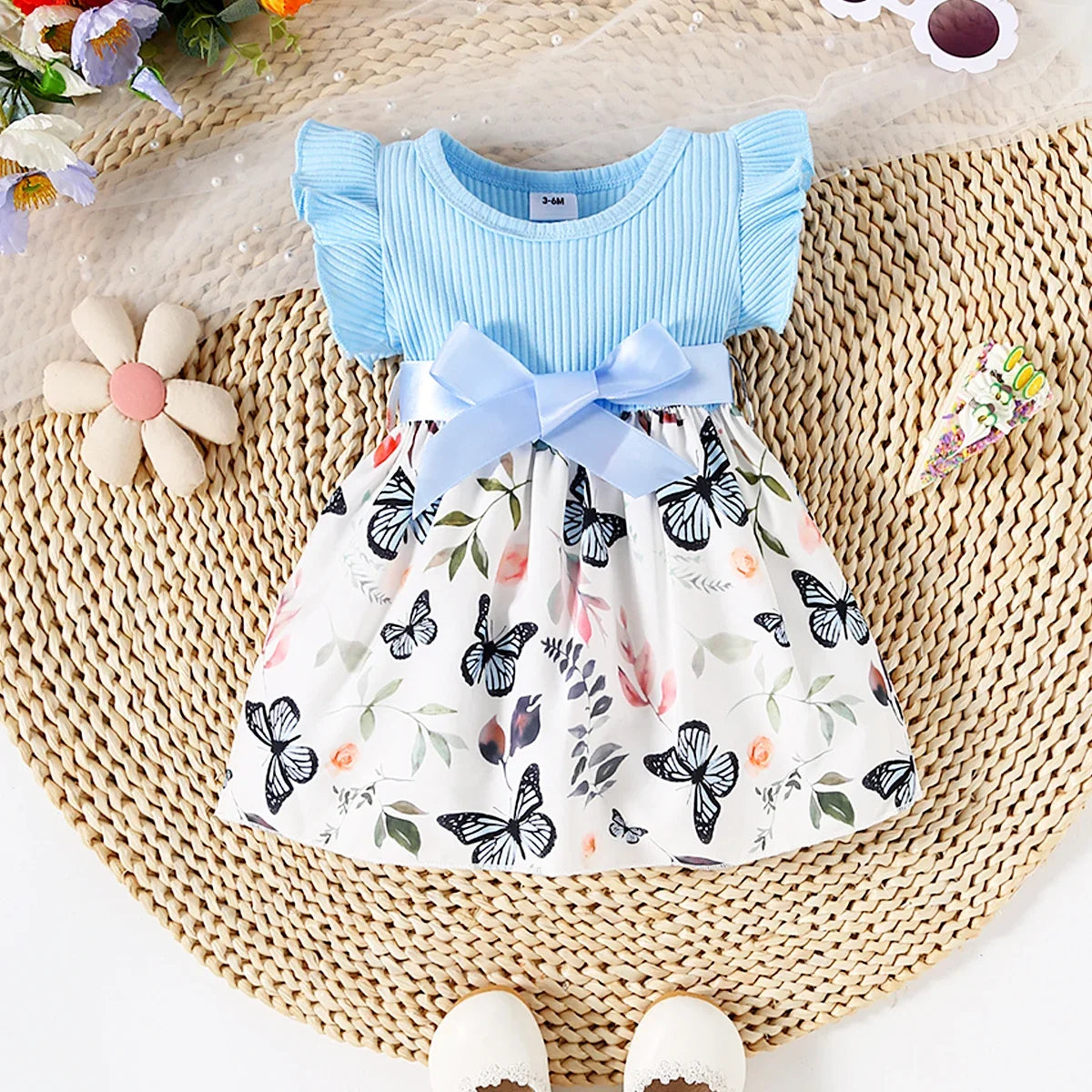 Butterfly and Plant Polka Dot Dress + Ribbon