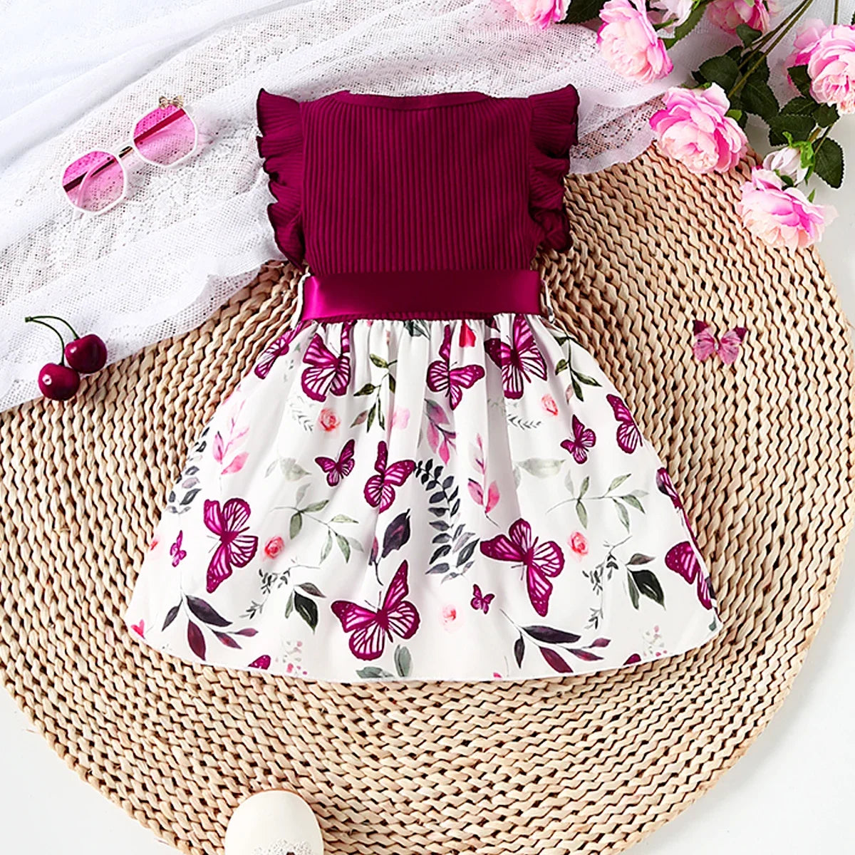 Butterfly and Plant Polka Dot Dress + Ribbon